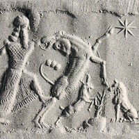 Dual scene: Contest scene depicting hero fighting bull before worshipper with dog/Ritual scene depicting stylised tree with rampant wild goat (ibex)