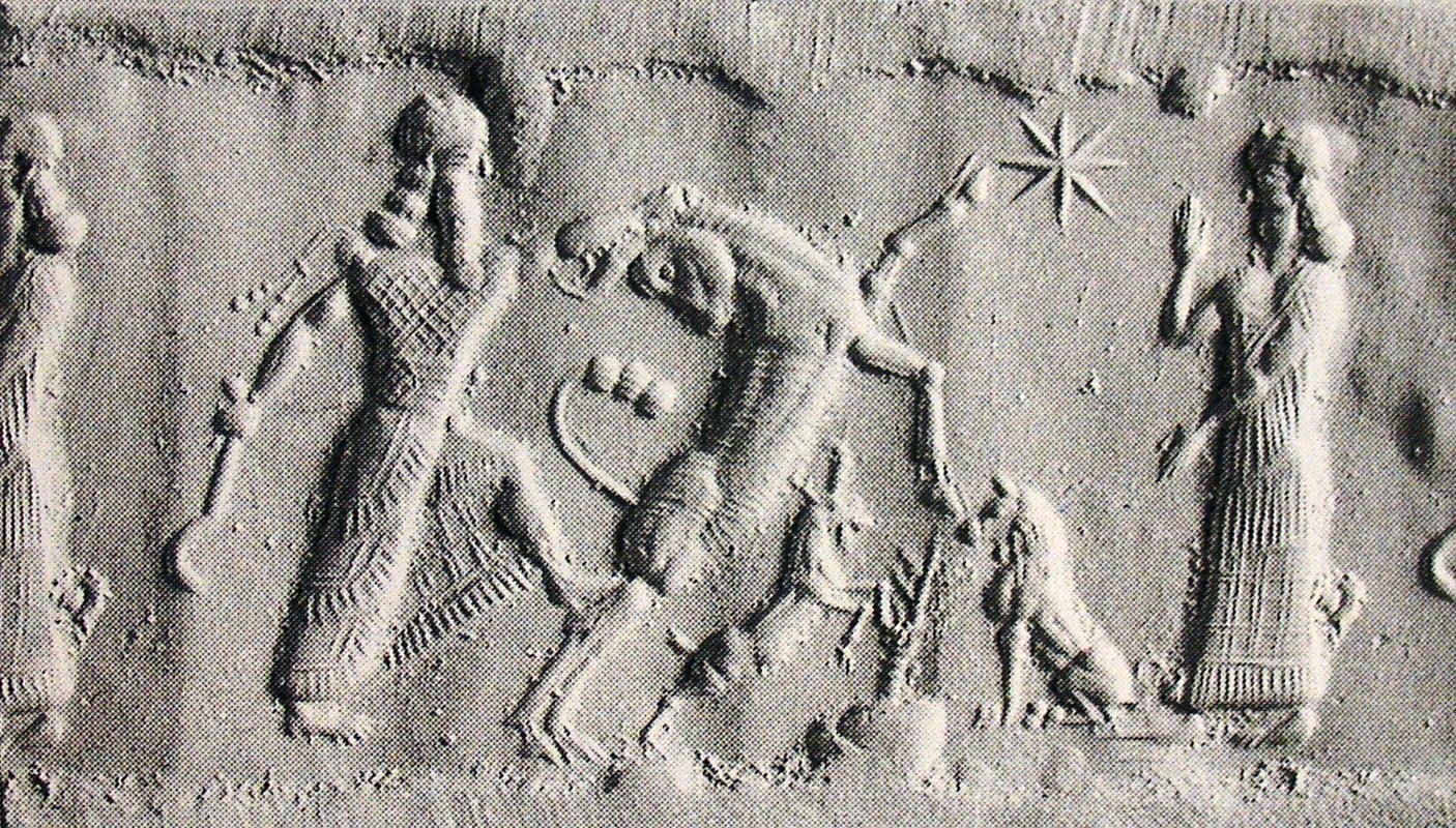 Dual scene: Contest scene depicting hero fighting bull before worshipper with dog/Ritual scene depicting stylised tree with rampant wild goat (ibex)