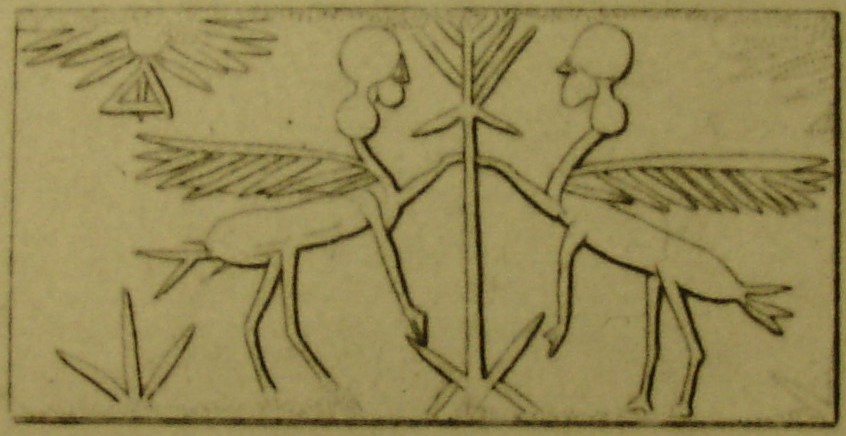 Two rampant human-headed winged lions (shedus, sphinxes) flanking stylised tree