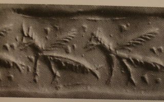 Stamp-cylinder seal: Two fish-tailed birds following each other (cylinder image) – bird-headed quadruped (stamp image)