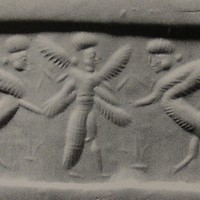 Winged hero grasping human-headed winged lion (shedu, sphinx) on either side