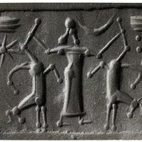 Hero carrying bull on either side beside worshipper