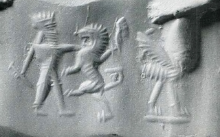 Dual scene: Contest scene depicting royal hero fighting lion/Animal and hybrid creature scene depicting scorpion-tailed bird-man