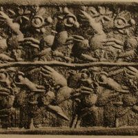 Lion-griffin pursuing wild goat (ibex) (above) and griffin attacking gazelle (antelope) (below)