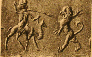 Camel-riding royal hero (spearman) hunting lion