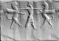 Hero grasping lion-dragon on either side