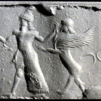 Hero grasping human-headed winged lions (lamassu and shedu, sphinxes)