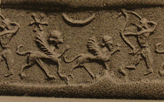 Hero (archer) hunting two human-headed winged lions (lamassus, sphinxes)