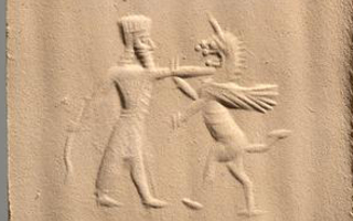 Hero fighting lion-griffin