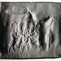 Bes grasping wild goat (ibex) on either side