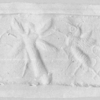 Winged hero grasping winged bull on either side