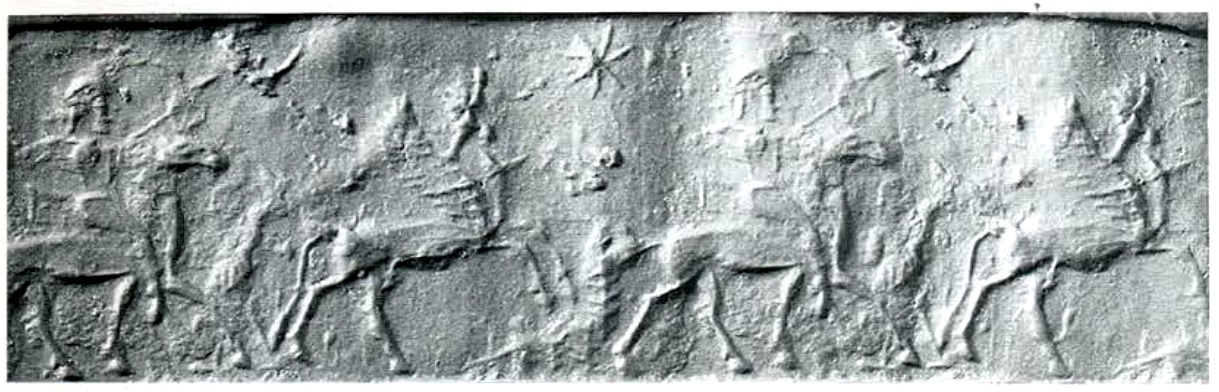 Horse-riding hero (archer) hunting human-headed winged bull (aladlammu)
