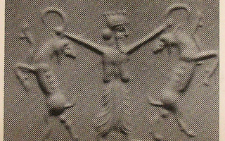 Royal hero grasping wild goat (ibex) on either side