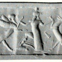 Hero grasping human-headed winged lion (lamassu, sphinx) and bull while stepping on an unidentified object