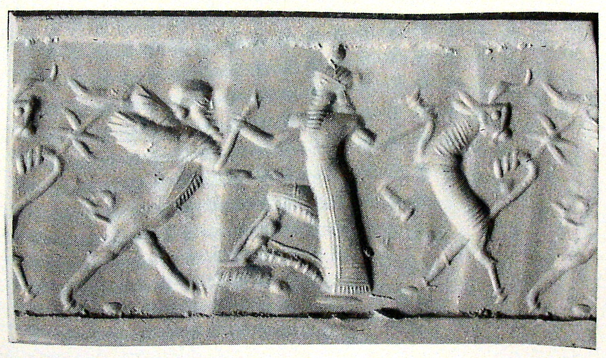 Hero grasping human-headed winged lion (lamassu, sphinx) and bull while stepping on an unidentified object