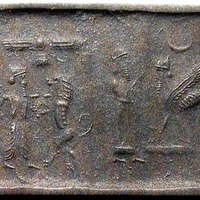 Dual scene: Contest scene depicting royal hero fighting lion/Cultic scene depicting worshipper before scorpion-tailed bird-man