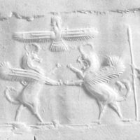 Ahura Mazda emerging from winged sun-disc above two lion-dragons fighting each other in front of two royal heroes