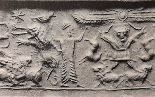 Triple scene: Contest scene depicting Bes carrying deer (stag) on either side while stepping on two lions/Hunting scene depicting hero (archer) aiming at lion while stepping on two lions/Ritual scene depicting two Persian heroes or attendants supporting w