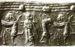 Stamp-cylinder seal: Royal hero fighting lion-dragon and wild goat (ibex) behind him (cylinder image) – rosette (stamp image)