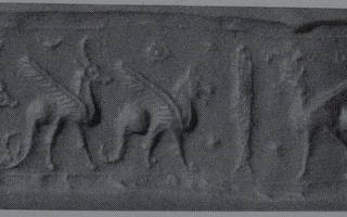 Stamp-cylinder seal: Animal scene: Three hybrid creatures walking towards fish (cylinder image) – Bird of prey with the tail of a fish or a scorpion (stamp image)