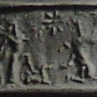 Winged hero facing lion-griffin while stepping on reclining animal