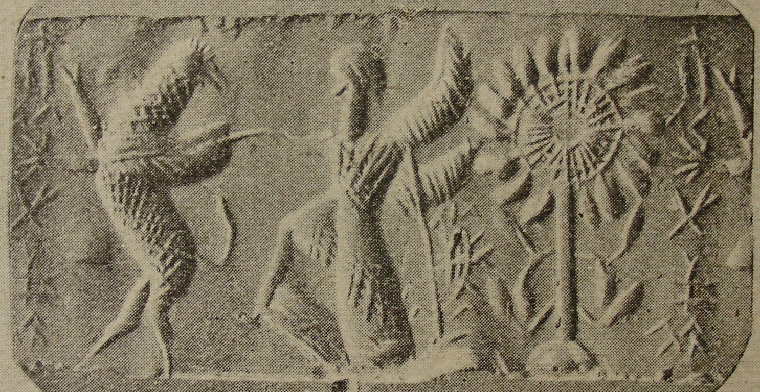 Winged hero fighting rampant griffin beside stylised tree (modern [i.e., fake])
