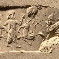 Royal hero carrying lion on either side beside scorpion-tailed bird-man
