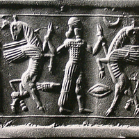 Hero grasping winged bull on either side beside worshipper