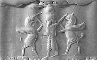 Royal hero grasping lion-dragon on either side