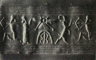 Stamp-cylinder seal: Dual scene: Hunting scene depicting archer hunting wild goat (ibex)/Ritual scene depicting worshipper facing stylised tree (cylinder image) – Cow suckling its calf (stamp image)
