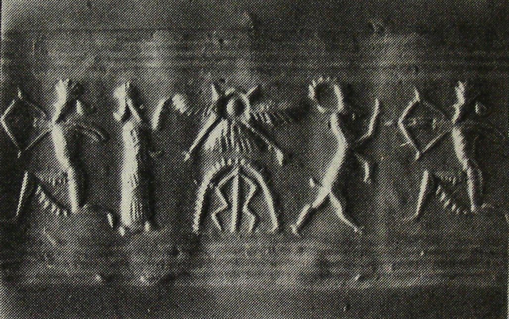 Stamp-cylinder seal: Dual scene: Hunting scene depicting archer hunting wild goat (ibex)/Ritual scene depicting worshipper facing stylised tree (cylinder image) – Cow suckling its calf (stamp image)