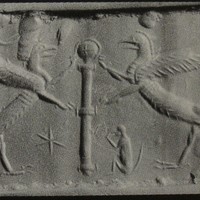 Two rampant griffins flanking standard