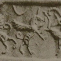 Two lion-dragons attacking wild goat (ibex)