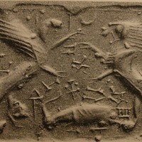 Lion-griffin clashing with lion over fallen gazelle (antelope)