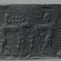 Dual scene: Contest scene depicting hero grasping human-headed winged lion (shedu, sphinx) on either side/Ritual scene depicting two mouflons flanking stylised tree while wild goat (ibex) stands on top
