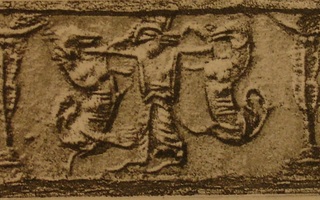 Royal hero grasping lion on either side