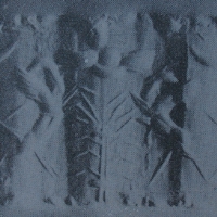 Two winged bulls flanking stylised tree below winged sun-disc