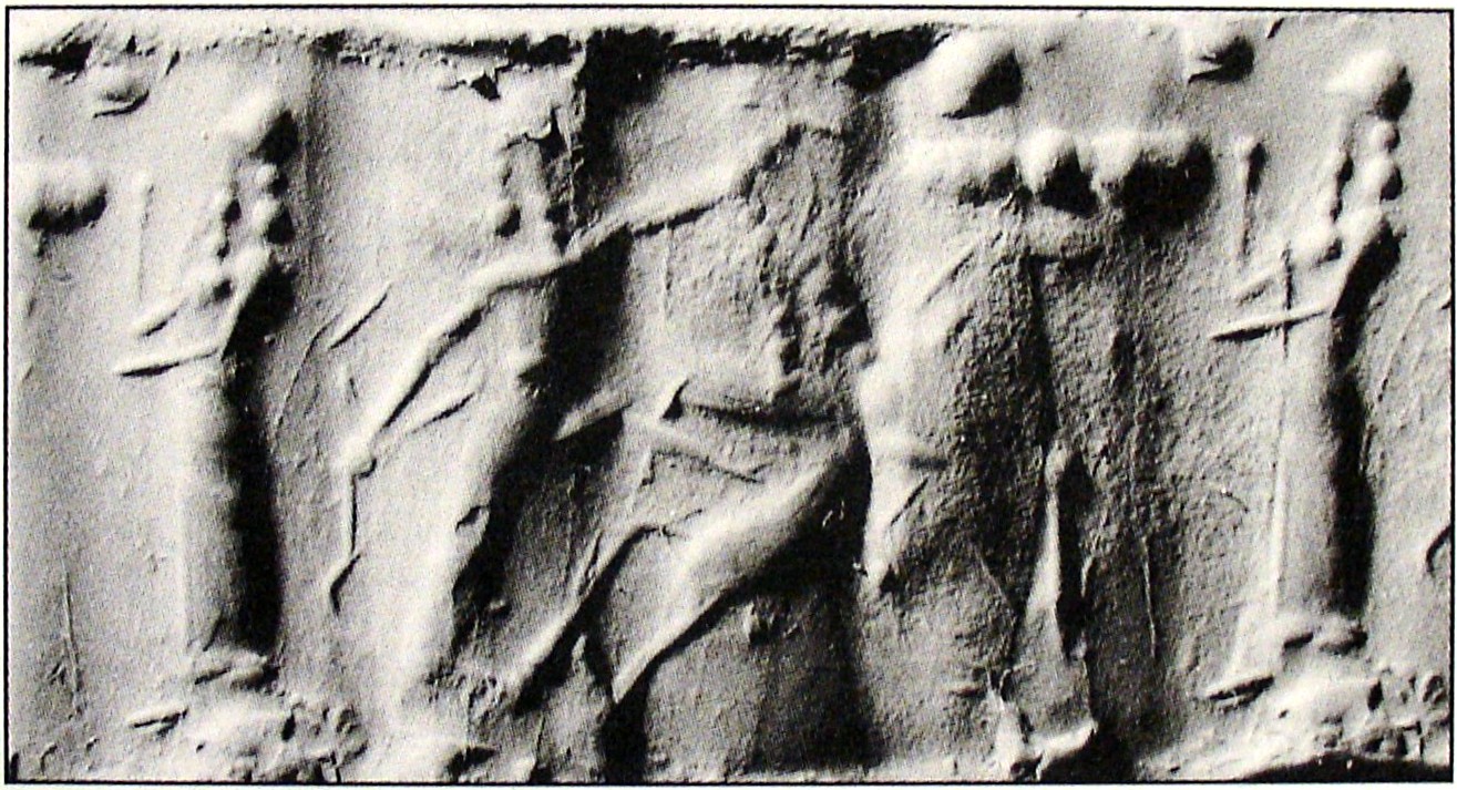 Hero fighting human-faced winged wild goat (ibex) beside worshipper