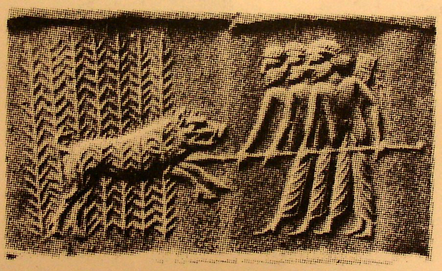 Three Persian spearmen hunting boar in reed thicket